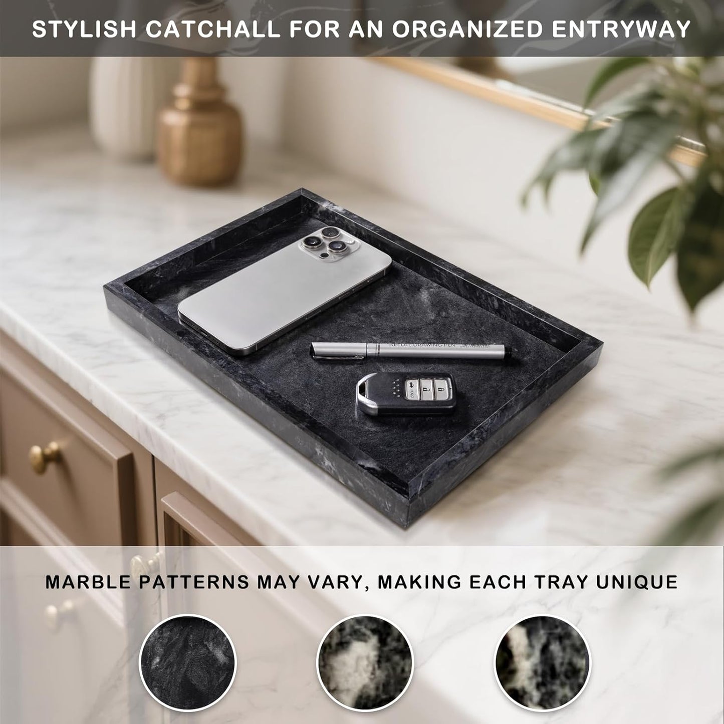 Marble Bathroom Tray for Countertop & Home Decor, Natural Decorative Marble Tray for Jewelry & Perfume Organizer, Luxury Stone Vanity Trays for Dresser, Kitchen Counter, 12" x 8", Gray Black