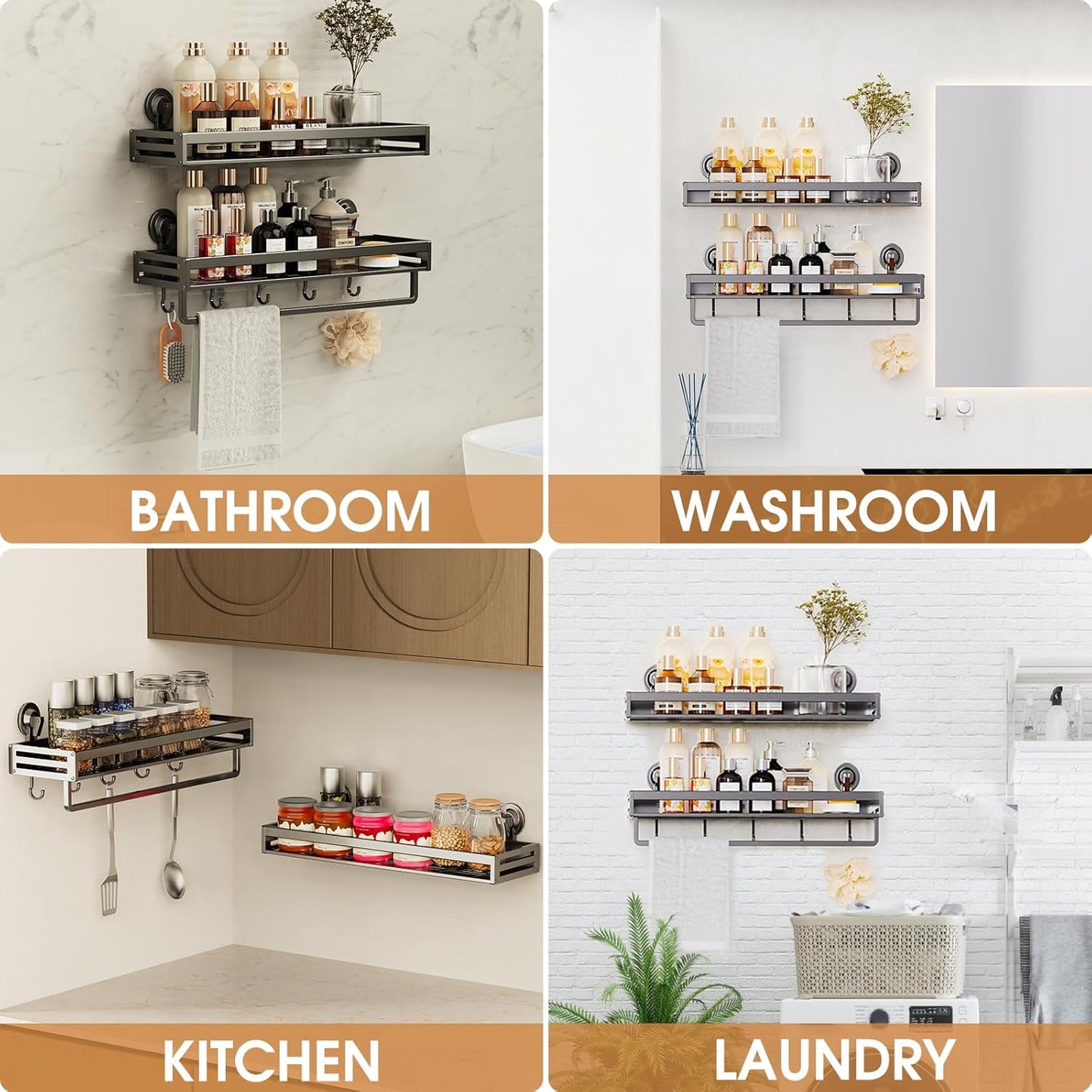 Shower Caddy Suction Cup, 15.7 inch 2 Pack suction shower shelf with Hooks NO-Drilling Bathroom Holder, Rustproof bathroom organizer, Dark Grey