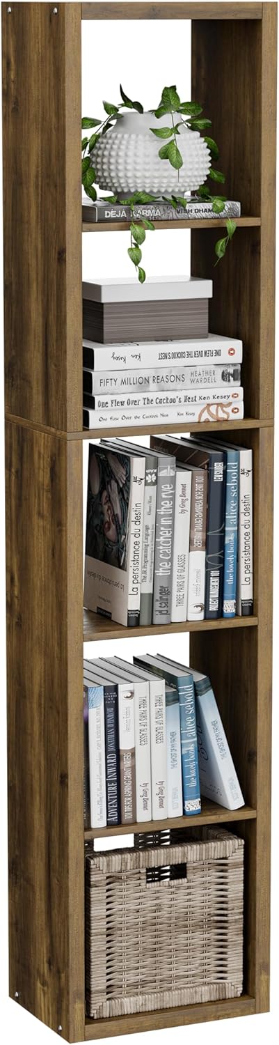 Tall Cube Storage Organizer Bookcase, 5 Tier 11 inch Open Back Cubical Shelf with Thickened Border, Display Bookshelf for Living Room, Home Office, Sturdy Room (Brown, 5 Cube,Vertical)