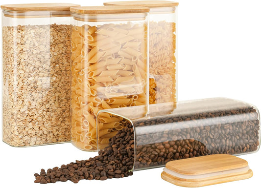 56oz Rectangle Airtight Glass Storage Containers with Bamboo Lids (Set of 4), Square Food Storage Jar, Pantry Organizers for Oats, Cereal, Pasta and Coffee beans (‎with Black Lable)