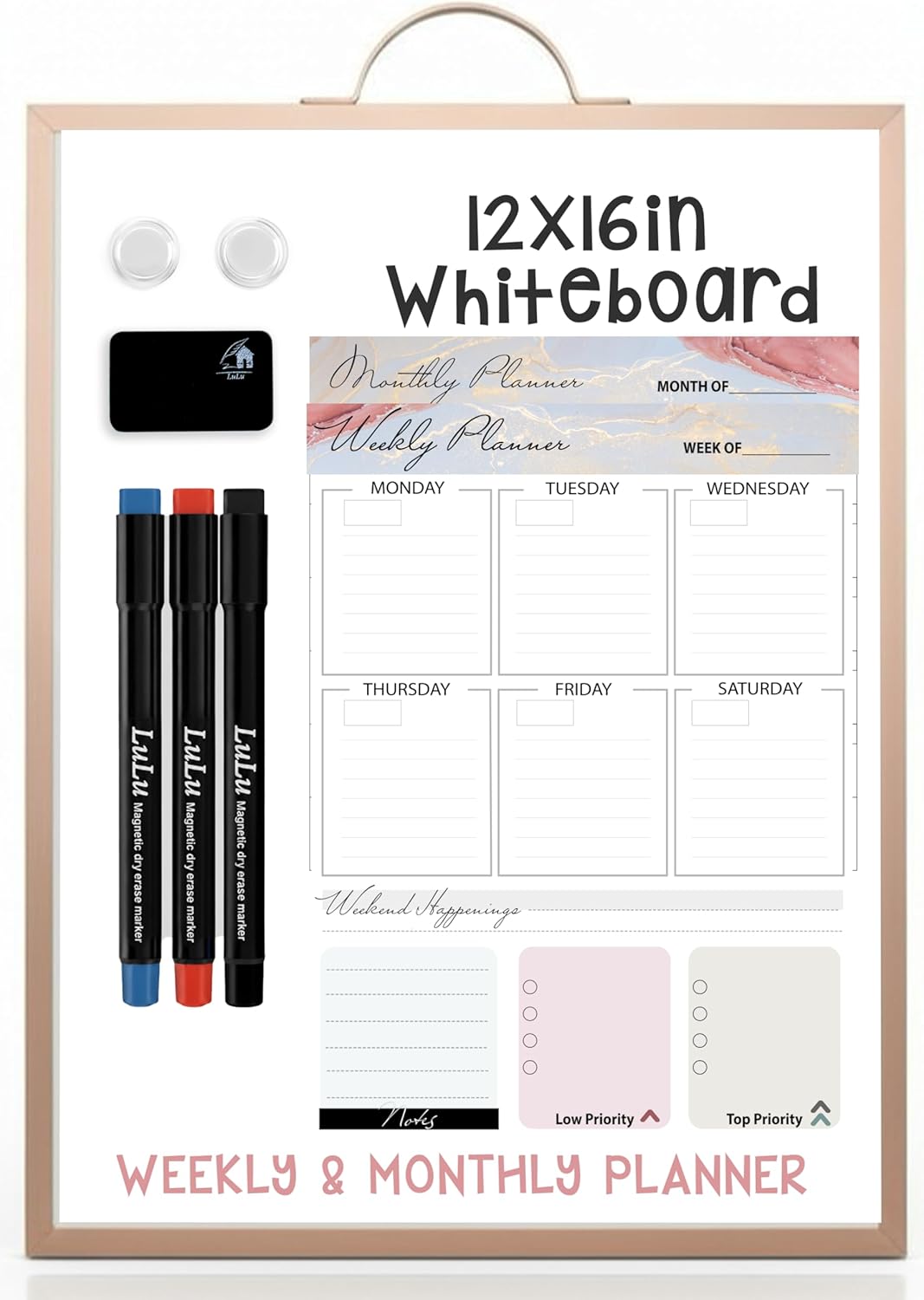 Small Whiteboard 12 x 16 Inch Magnetic Dry Erase Board with Handle | Rose Gold Aluminum Frame | Double-Sided Planner Board with Weekly & Monthly Sheets | 3 Markers, Eraser & 2 Magnets
