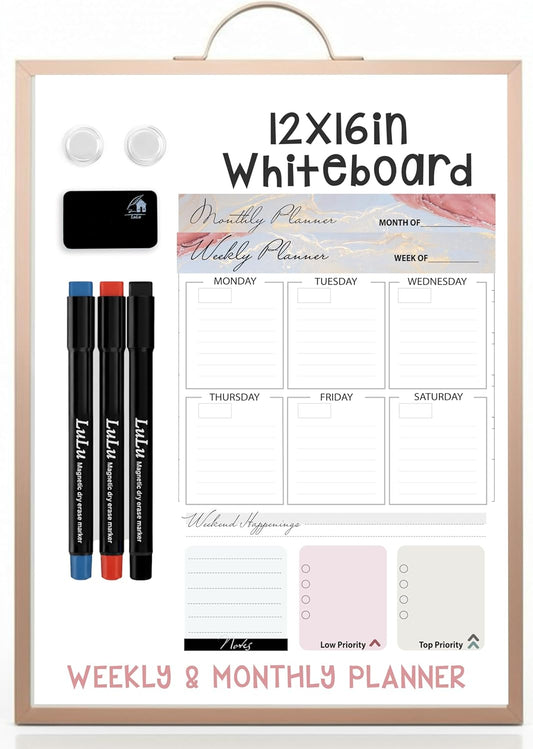 Small Whiteboard 12 x 16 Inch Magnetic Dry Erase Board with Handle | Rose Gold Aluminum Frame | Double-Sided Planner Board with Weekly & Monthly Sheets | 3 Markers, Eraser & 2 Magnets