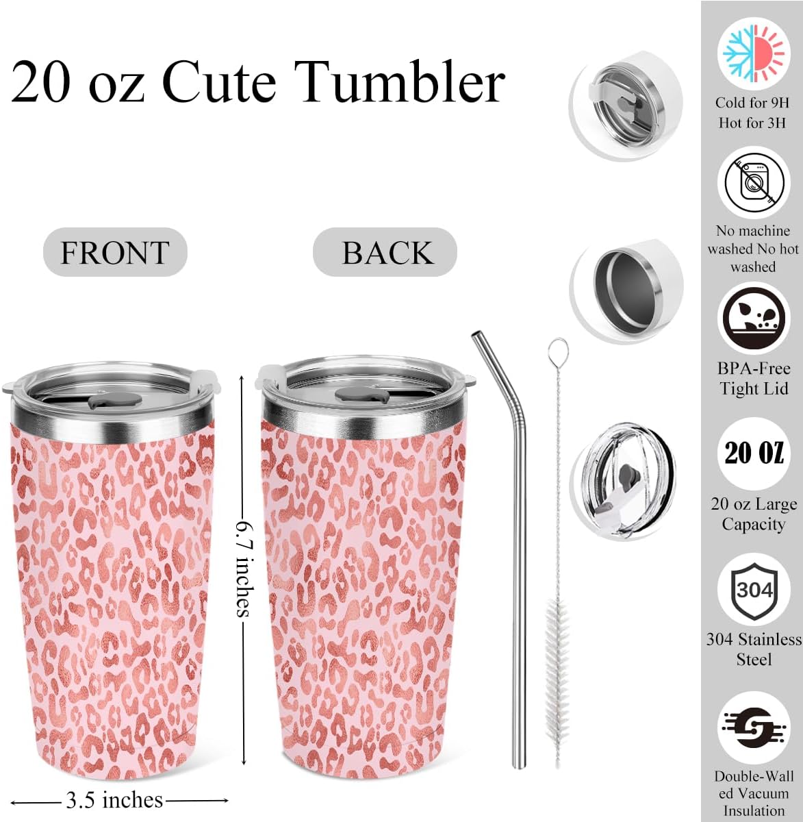 20 oz Insulated Tumbler，Tumbler with Lid Straw, Leopard Decor Insulated Travel Coffee Mug Stainless Steel Cup for Cold Hot Drink Gift for Women Friend Christmas Birthday Friendship (Pink Leopard))