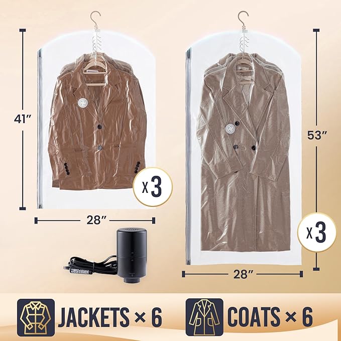 TAILI Hanging Vacuum Sealer Suction Space Saver Storage Bags for Clothes with Electric Air Pump and Rolling Slide Clip for Coats, Closet Organizers, 3 Long 3 Short