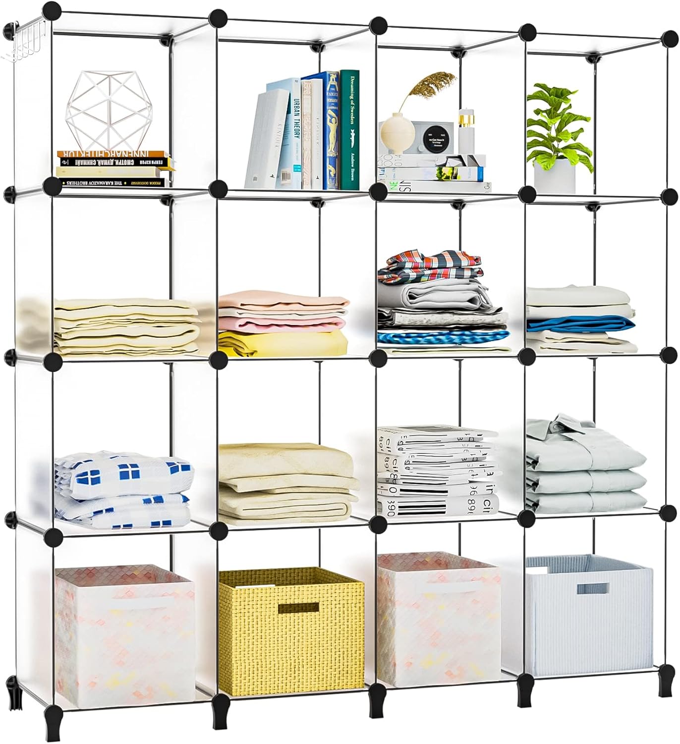 Neprock Cube Storage Organizer,16-Cube Shelf Closet Organizers and Storage Shelves,Book Shelves Wardrobe Clothes Organizer for Clothing Storage,Yarn Storage and Room Organization (Transparent White)