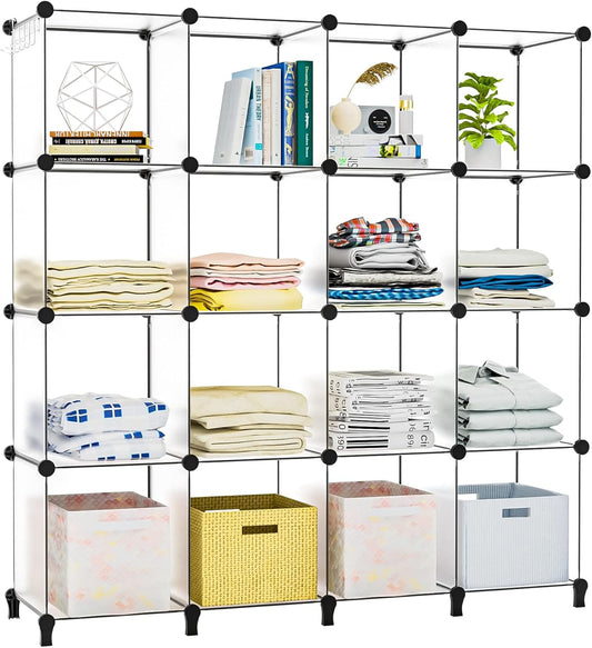 Neprock Cube Storage Organizer,16-Cube Shelf Closet Organizers and Storage Shelves,Book Shelves Wardrobe Clothes Organizer for Clothing Storage,Yarn Storage and Room Organization (Transparent White)