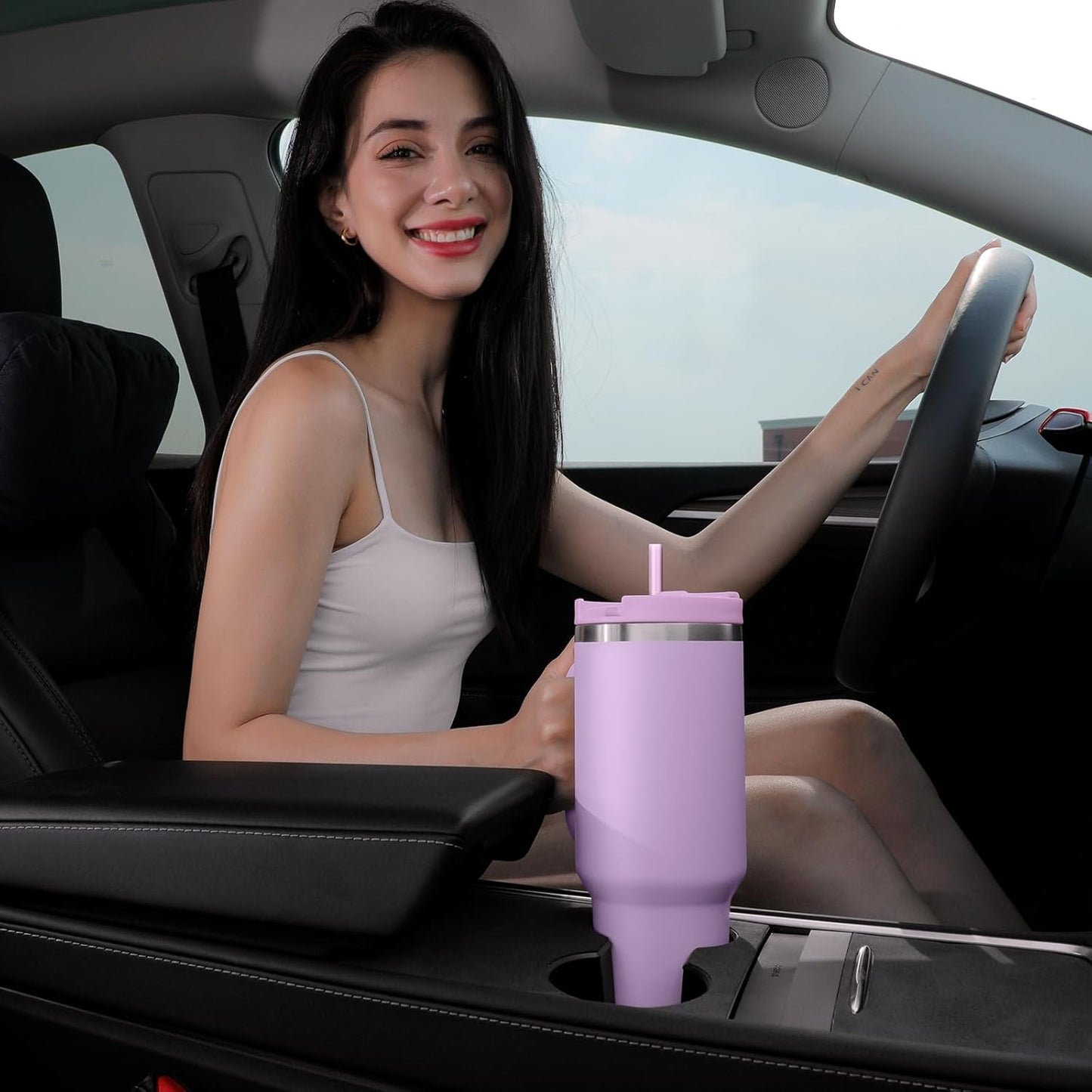 40oz Tumbler with Handle,Double Wall Vacuum Reusable Stainless Steel Insulated Water Bottle,With Leak Proof lid and Straw for Iced or Cold Beverages (Lavender Purple)