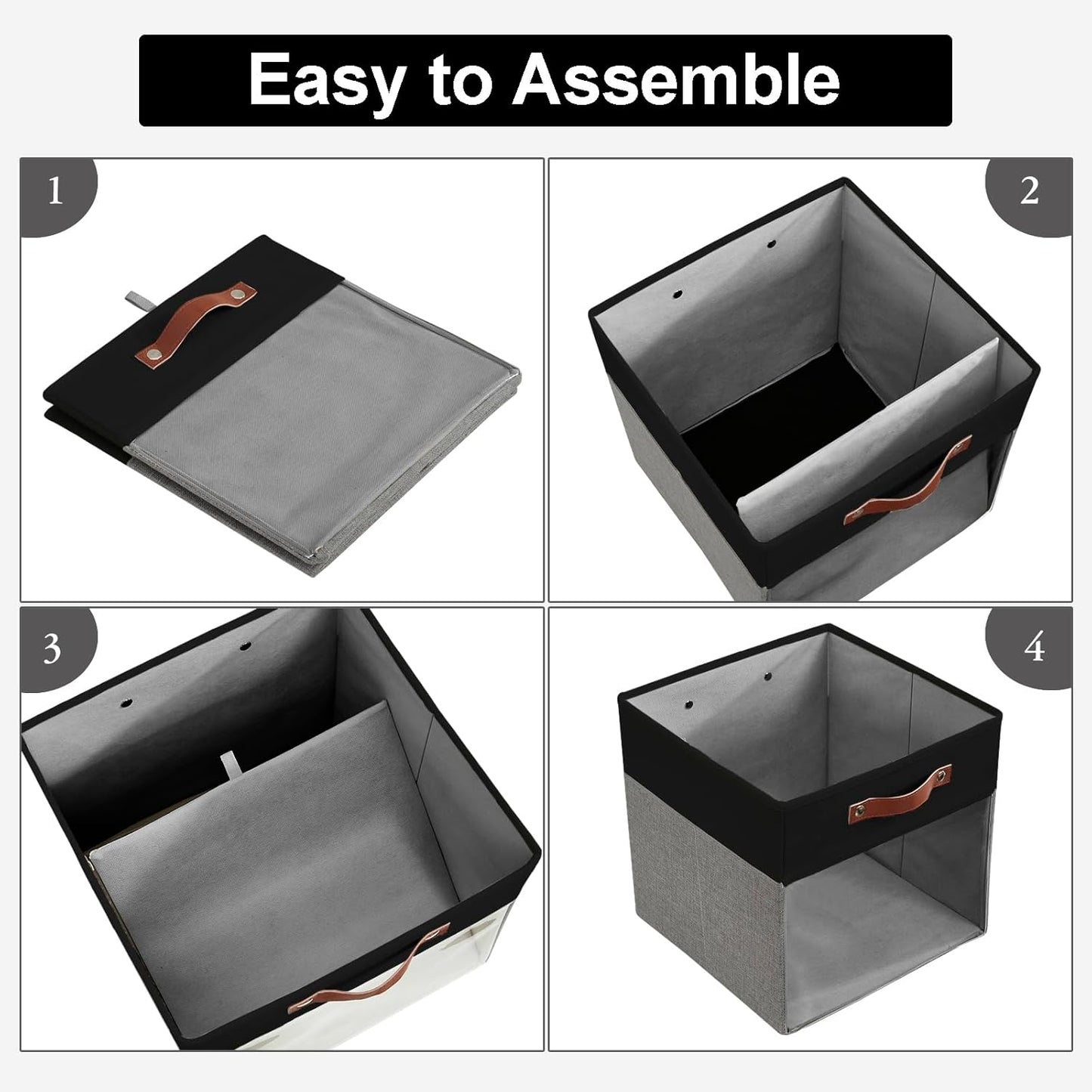 Storage Cubes, 4 Pack Linen Foldable Storage Bins (13 x 13 inch) with Clear Window and Handles, Fabric Organizer for Shelf Closet, Clothes, Books - (Gray and Black)
