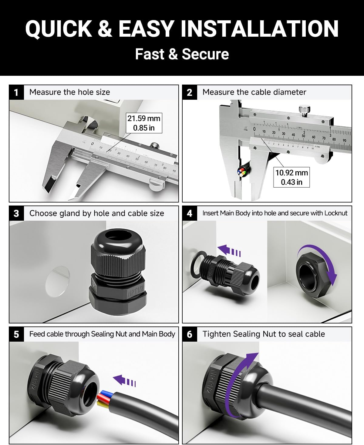 VCELINK Cable Gland Kit Nylon Waterproof, 50pcs IP68 Cord Grip Connectors, NPT1/4", 1/2", 3/4", 1", 1-1/4" Wire Entry, Strain Relief Wire Grommets, Black