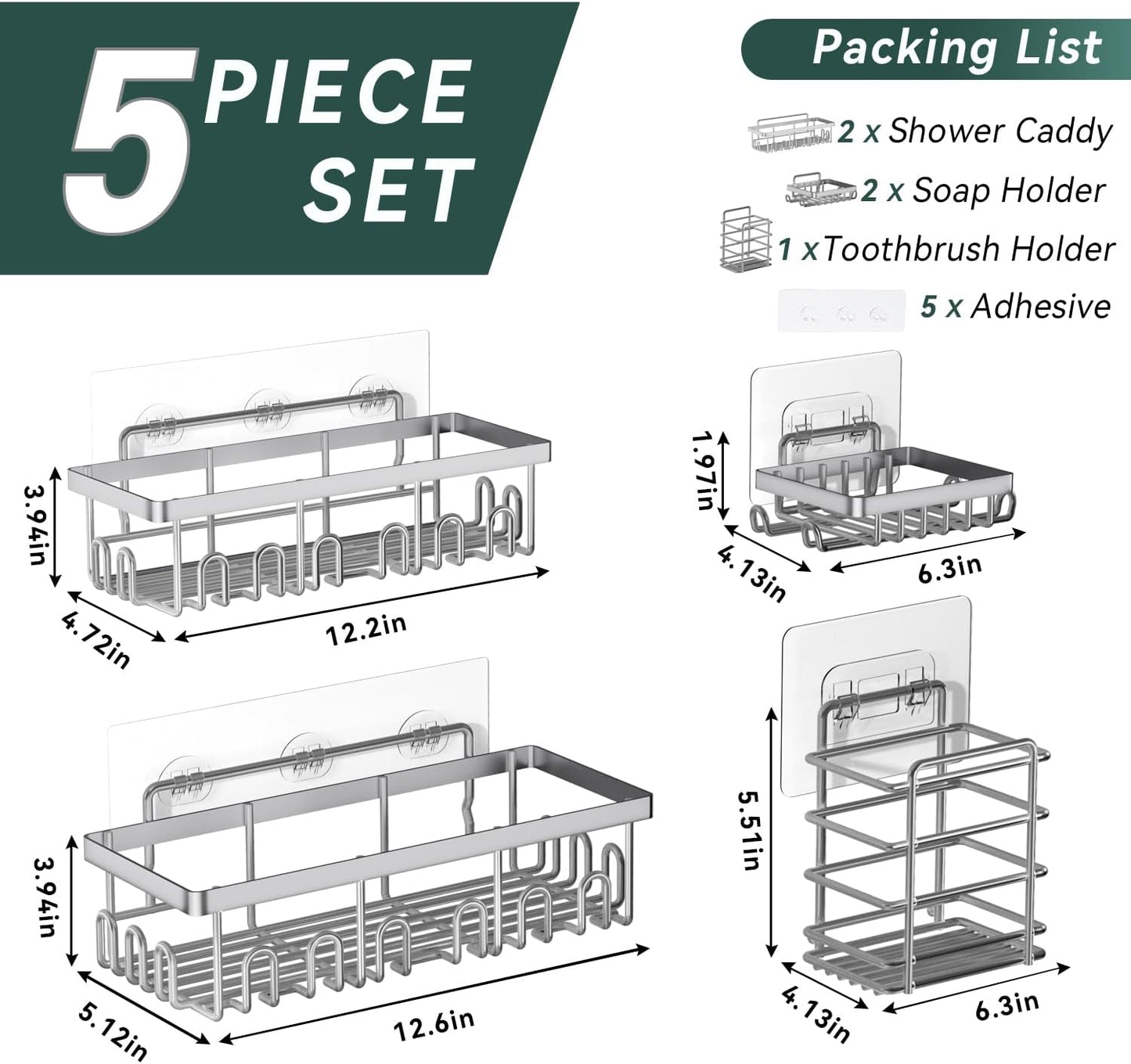 Shower Caddy Organizer Rack Shelf with Soap and Toothbrush Holder,Stainless Steel Organizer for Bathroom Organizers and Storage,No Drilling Wall Mounted Rack Bathroom Caddy Silver,5-Pack