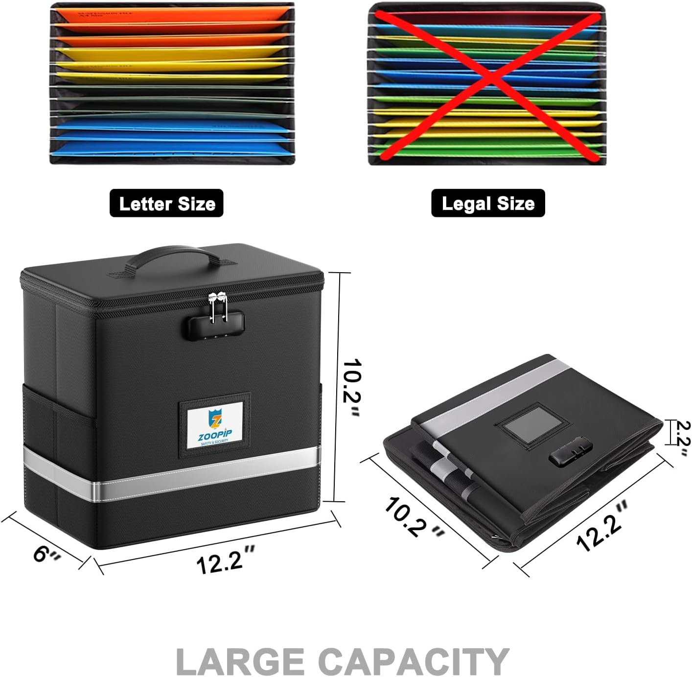 Fireproof File Box with Lock, Document Box Storage Organizer, Suitable for Hanging File Folders in Letter Size, Collapsible File Box, Reflective Strip for Fast Find (12.2"*6"*10.2, Black)