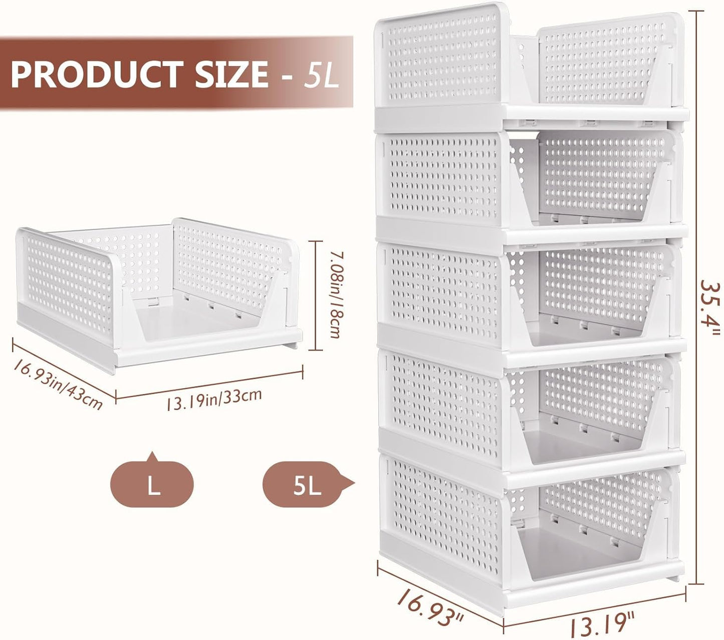 5 Pack Folding Closet Organizers Storage Box, Stackable Storage Bins, Plastic Drawer Basket Closet Storage for Wardrobe Cupboard Kitchen Bathroom Office White-5L