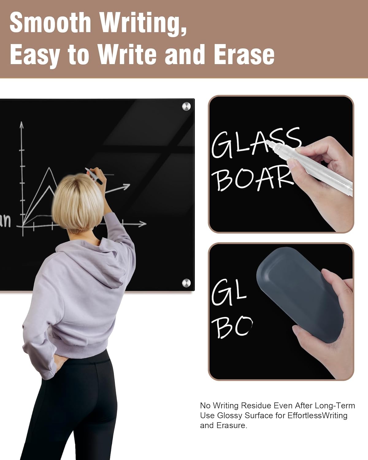 Magnetic Glass Whiteboard，60"x48" Wall Mounted Frameless Dry Erase Board for Office, Home & School Black