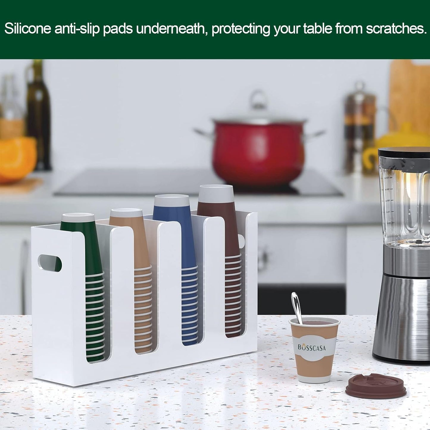 Disposable Coffee Cup Dispenser with Handles, Countertop or Wall Mount Hot/Cold Drink Cup and Lid Holder - Bathroom/Kitchen/Office Acrylic Cup Lid Storage Organizer (4 Compartments, White)