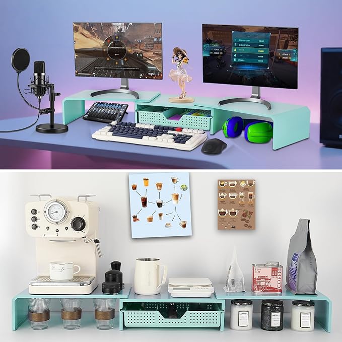 Dual Monitor Stand Riser with Drawer, Desk Organizer and Accessories, Metal Laptop Stand for Desk, Workspace Desktop Stand for Computer, Laptop, TV and More (Sky Blue)