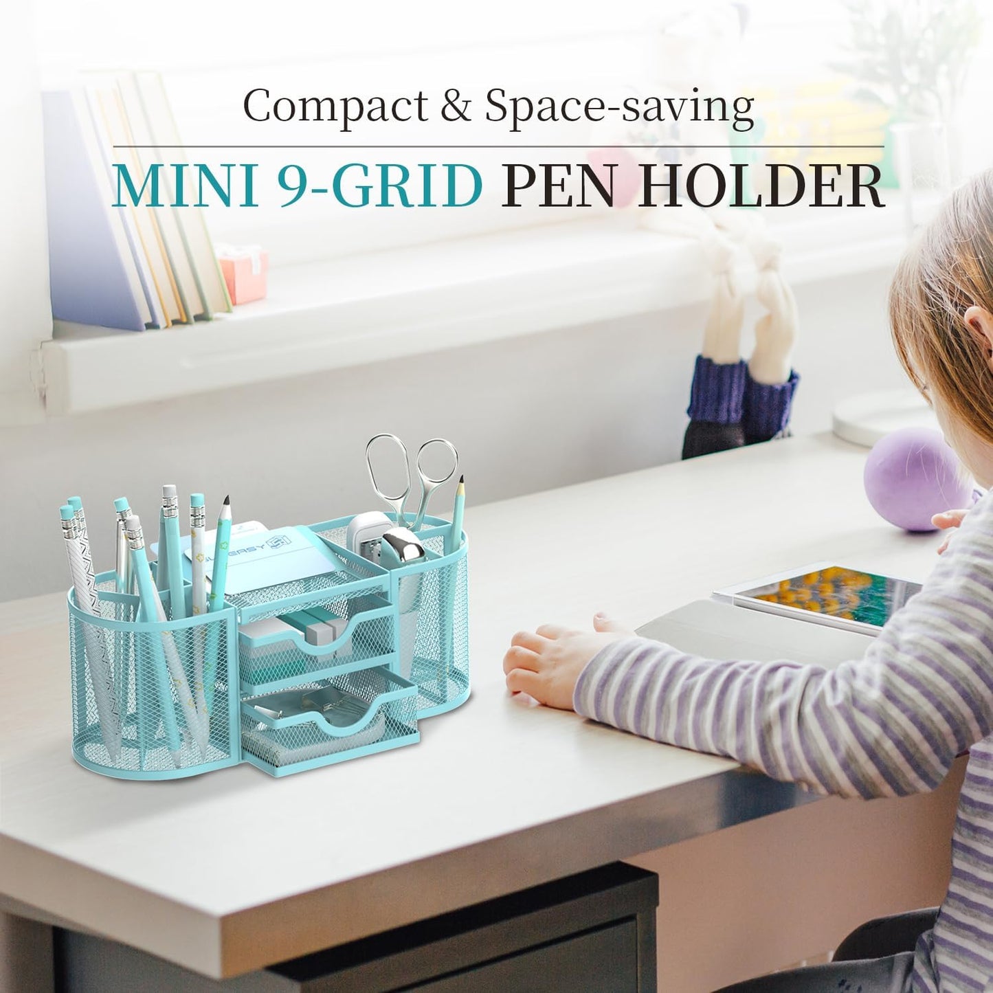 SUPEASY Mesh Desk Organizer, Desk Organizers and Accessories, Pen Holder with Drawers, Pencil Holder for Desk with 2 Drawer for Office Supplies, Blue