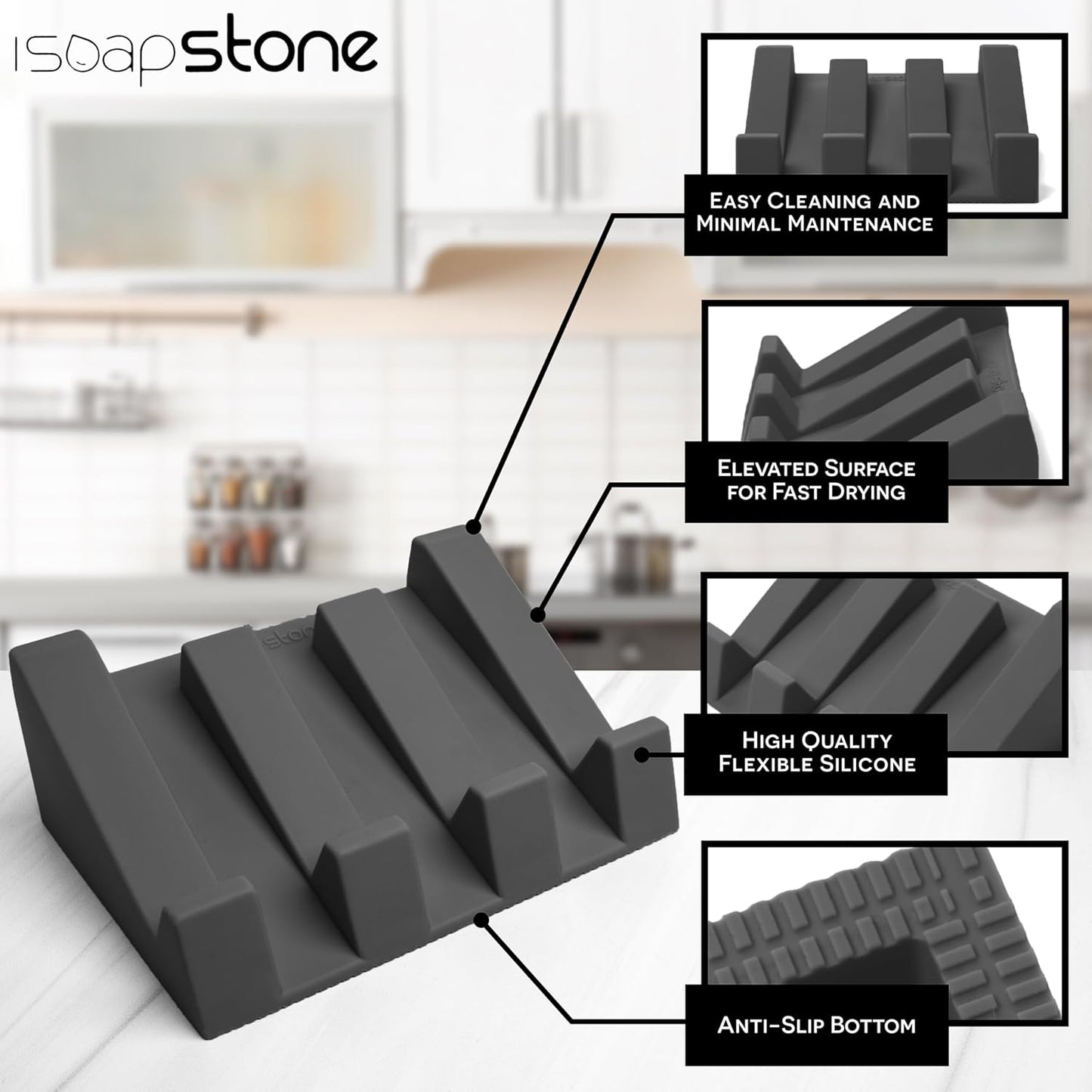 Silicone Soap Dish (USA Patented) Self Draining Bar Soap Holder for Shower Bathroom Sink, Drying Soap Dish Tray Kitchen Sponge Holder Easy Cleaning Soap Saver Mat (Dark Grey, 2)