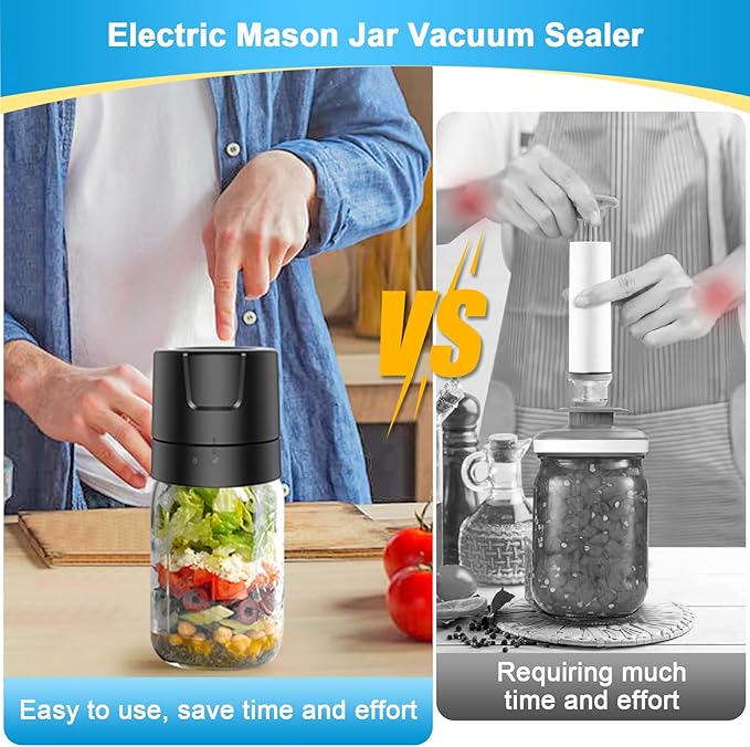 Electric Mason Jar Vacuum Sealer Kit - 2000mAh Battery, Enhanced Motor, Compatible with Wide & Regular Mouth Lids, Ideal for Canning & Sealing, Black