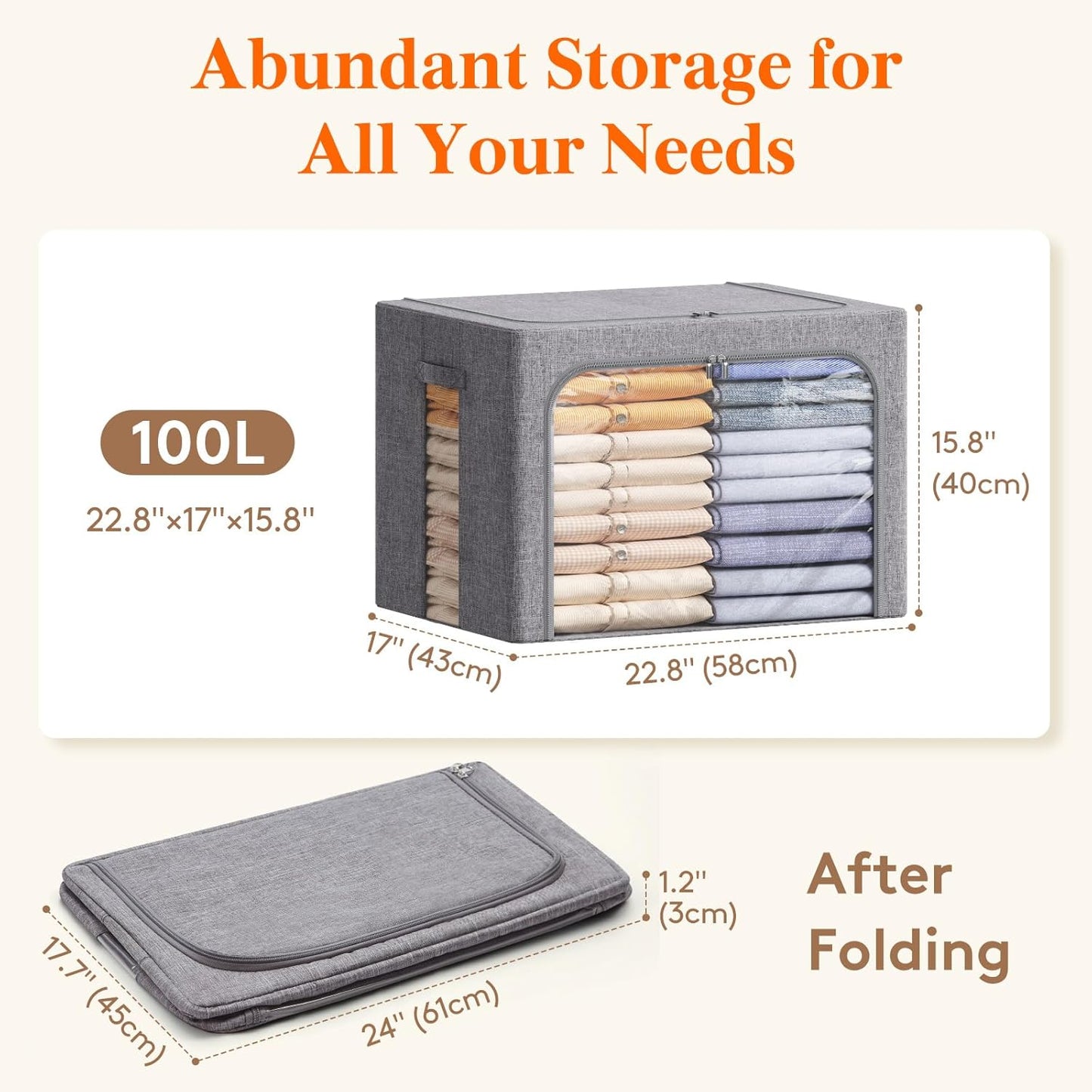 Lifewit Clothes Storage Bins with Metal Frame, Stackable Storage Box, Foldable Clothing Storage Bins with Lids, 100L Storage Bags Fabric Box Organizer with Clear Window＆ Zippers＆ Sturdy Handles 3 Pack