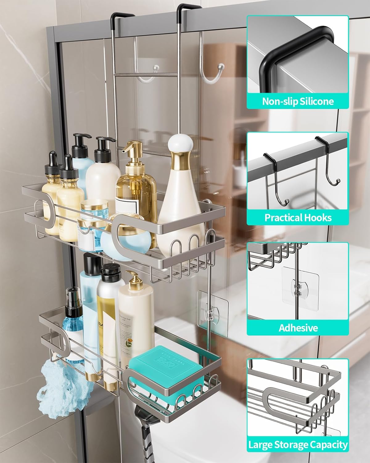 HapiRm Shower Caddy over Door- Hanging Shower Organizer with 14 Hooks and Soap Holder, Rustproof & Waterproof Stainless Steel Bathroom Shelf - Brushed Nickel
