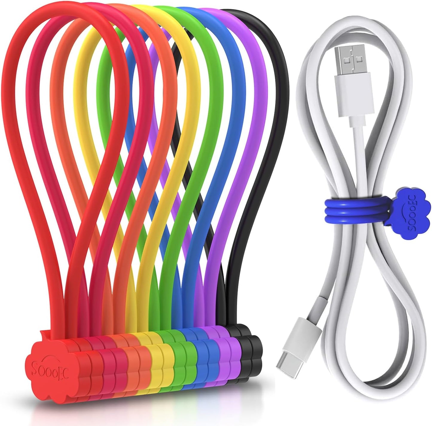 SOOOEC Magnetic Cable Ties, 8 Pack 7.2" Magnetic Twist ties Cute Cloud Design, Silicone Zip Ties with Strong Magnet for Bundling and Organizing, Fridge Magnets, Assorted Colors.