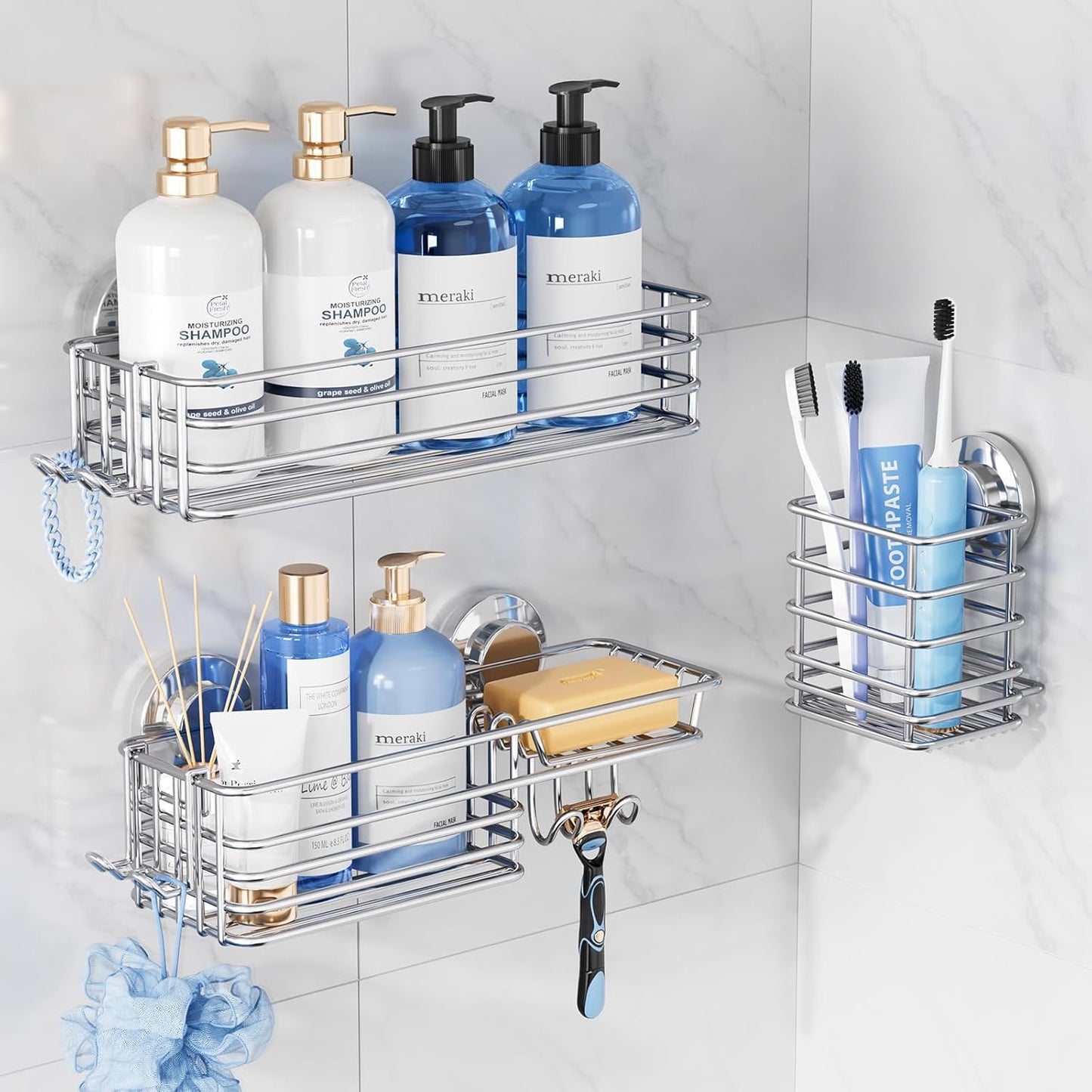 TAILI Shower Caddy Suction Cup, 3 Pack Shelves for Inside with Hooks & Soap holder Toothbrush Cups, Removable Bathroom Organizer, Rustproof Silver Holder Storage-Silver