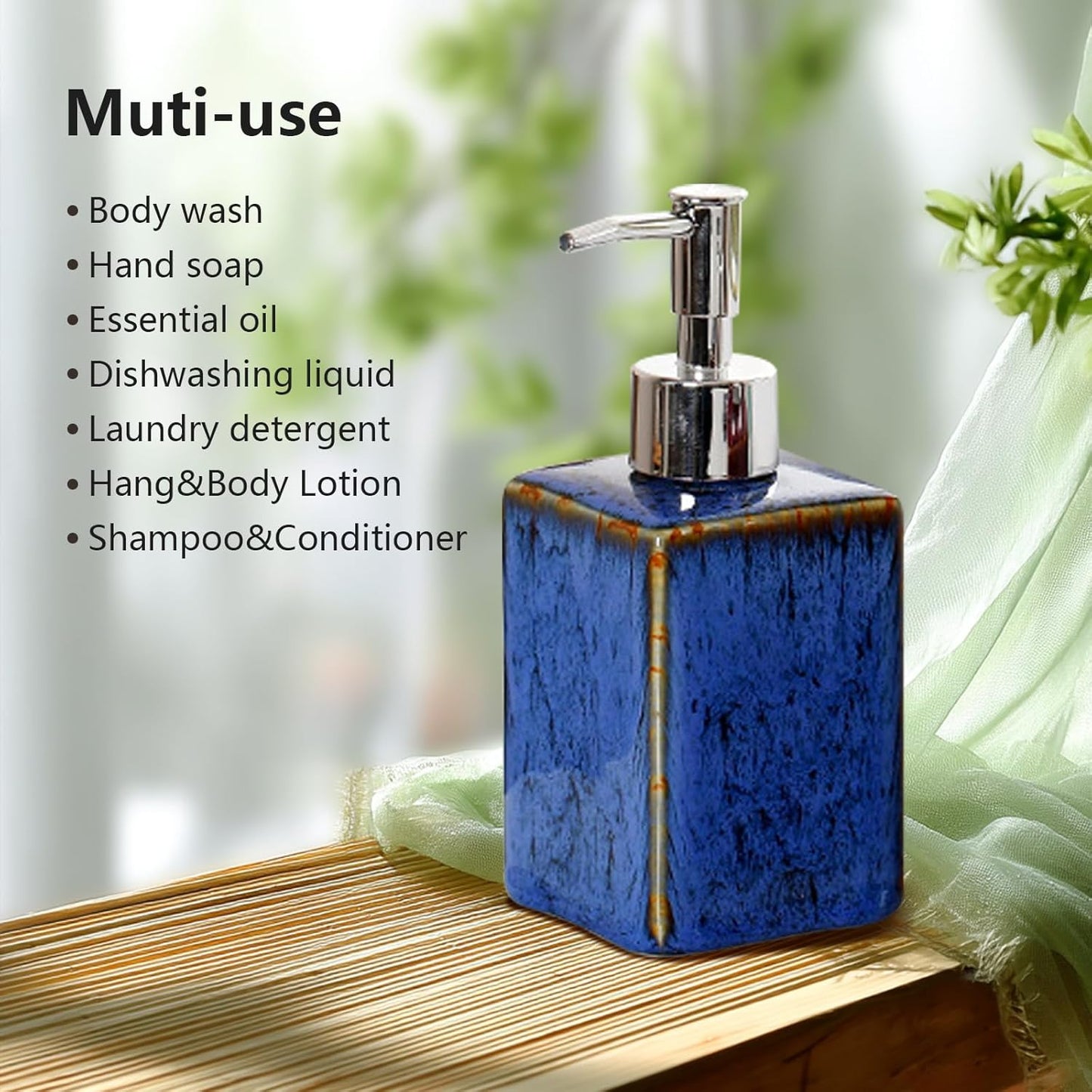 jessie Ceramic Hand Soap Dispenser Bathroom,Kiln Variable Glaze Lotion Dispenser with Pump 11.8 oz Modern Vintage Dish Soap Dispenser Refillable Liquid Soap Bottles for Bathroom Kitchen (Blue)