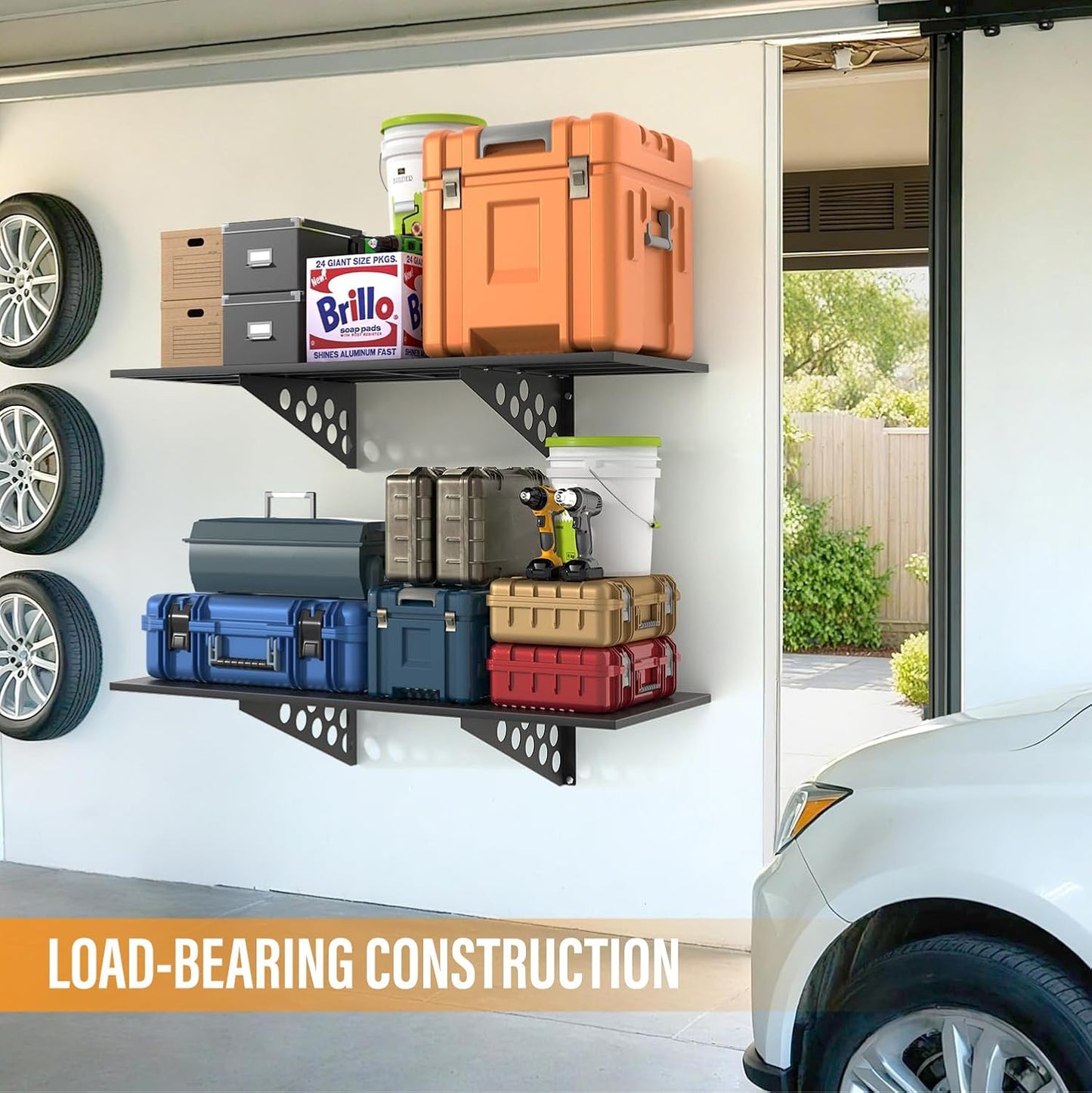 2 Pack 1,5x4ft Heavy Duty Garage Wall Shelving, Garage Shelving Wall Mounted, Storage Rack with Hooks (Black)