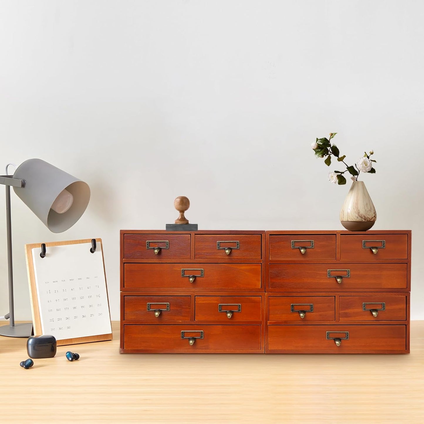 4-Piece Desktop Organizer Set with 3 Drawers, Wood & Metal Drawer Storage, Wooden Desktop Organizer for Store Cosmetics, Jewelry, Letters, Papers, Tea Bags, Sugar Packets (Brown)