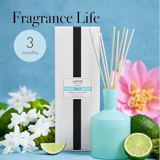 LAFCO New York Classic Reed Diffuser, Marine - 6 oz - Up to 3 Months Fragrance Life - Reusable Glass Vessel - Natural Wood Reeds - Made in The USA