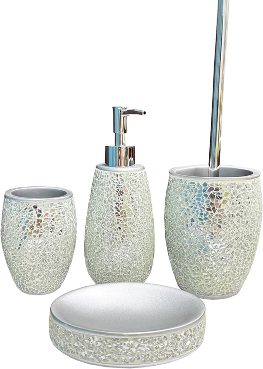 Exquisite Silver Glass Sequins Resin Bathroom Accessory Set,4 Pcs - Soap Dish,Lotion Dispenser,Toothbrush Cup,Toilet Brush & Holder,Modern Luxury Bathroom Set