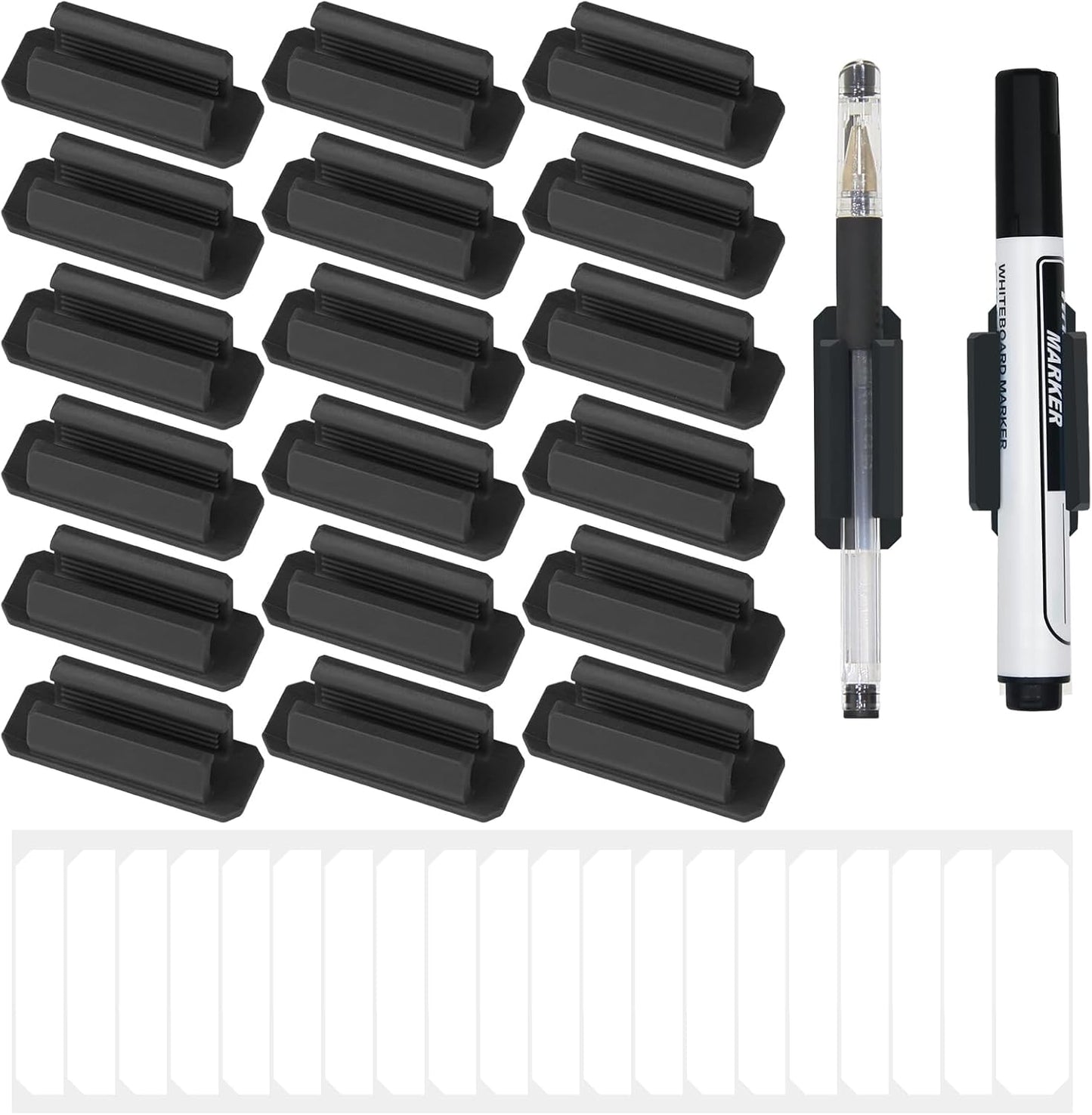 Pencil Holder for Desk Set of 20, Adhesive Pen Holder with 20 Extra Upgraded Stickers, Silicone Pen Holders & Marker Clip for Walls, Clipboards, Classroom, Office, Teacher Accessories Supplies (Black)