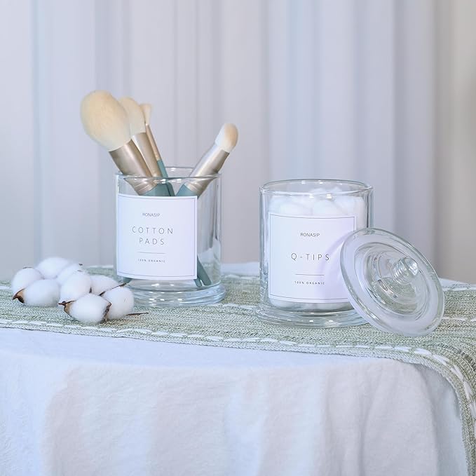 Qtip Holder & Cotton Pad Dispenser, Bathroom Organizer and Storage Canisters, 16oz Glass Apothecary Jars for Kitchen, Restroom - Home Decor, Room Decor Aesthetic (2 Pack, Transparent)