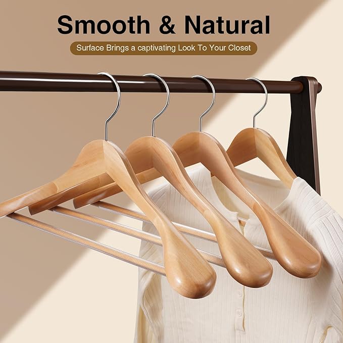 Wide Shoulder Hanger 10 Pack,Solid Wood Hanger,Heavy Duty Suit Hangers,Coat Hangers with Retotating Hooks & Non Slip Pants Bar,Smooth Clothes Hangers for Sweater, Pants, Jacket(Natural