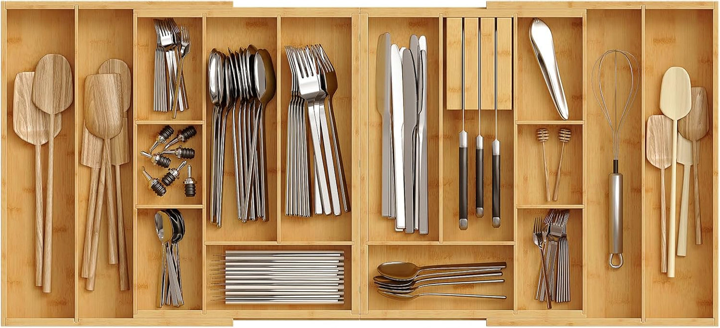 HO0BRO Large Silverware Organizer Kitchen Drawer Organizer, Magnetic Connected Expandable Utensil Organizer From 22 to 35 Inches, Bamboo 16 Slots Cutlery Tray with Knife Holder, Natural YL07TL01