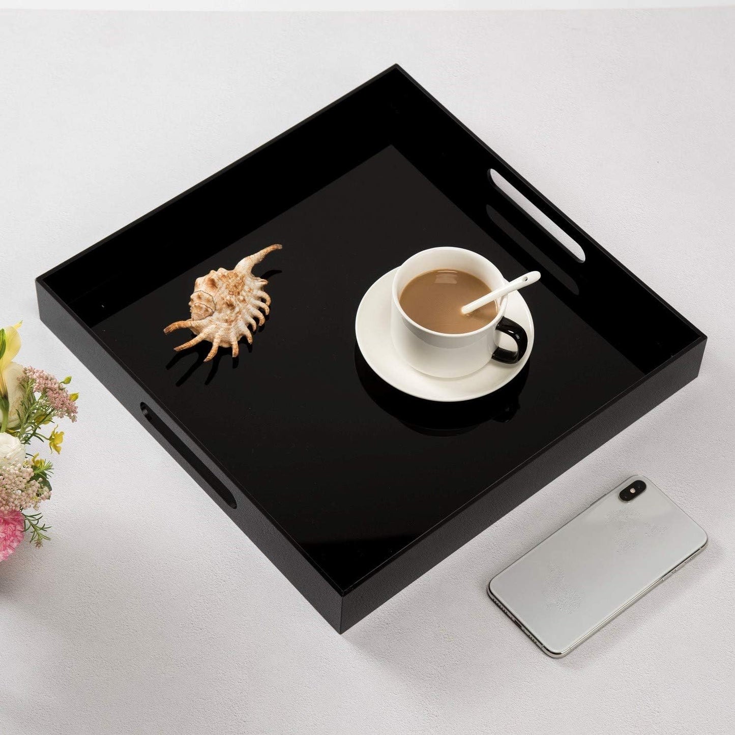 Glossy Black Acrylic Serving Tray - 14x14Inch, Multipurpose, Sturdy, Modern Style, Spill Proof, Countertop Organizer, Vanity Table Tray