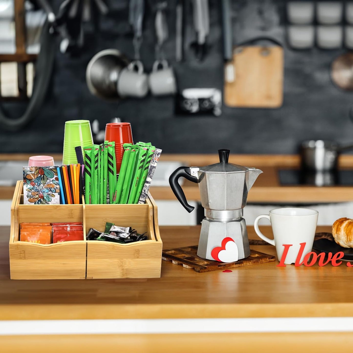 Coffee Station Organizer for Countertop, Bamboo Coffee Bar Condiment Organizer, Extendable Tea Condiment Storage for Bar Decor, Kitchen, Office, 7 Compartment