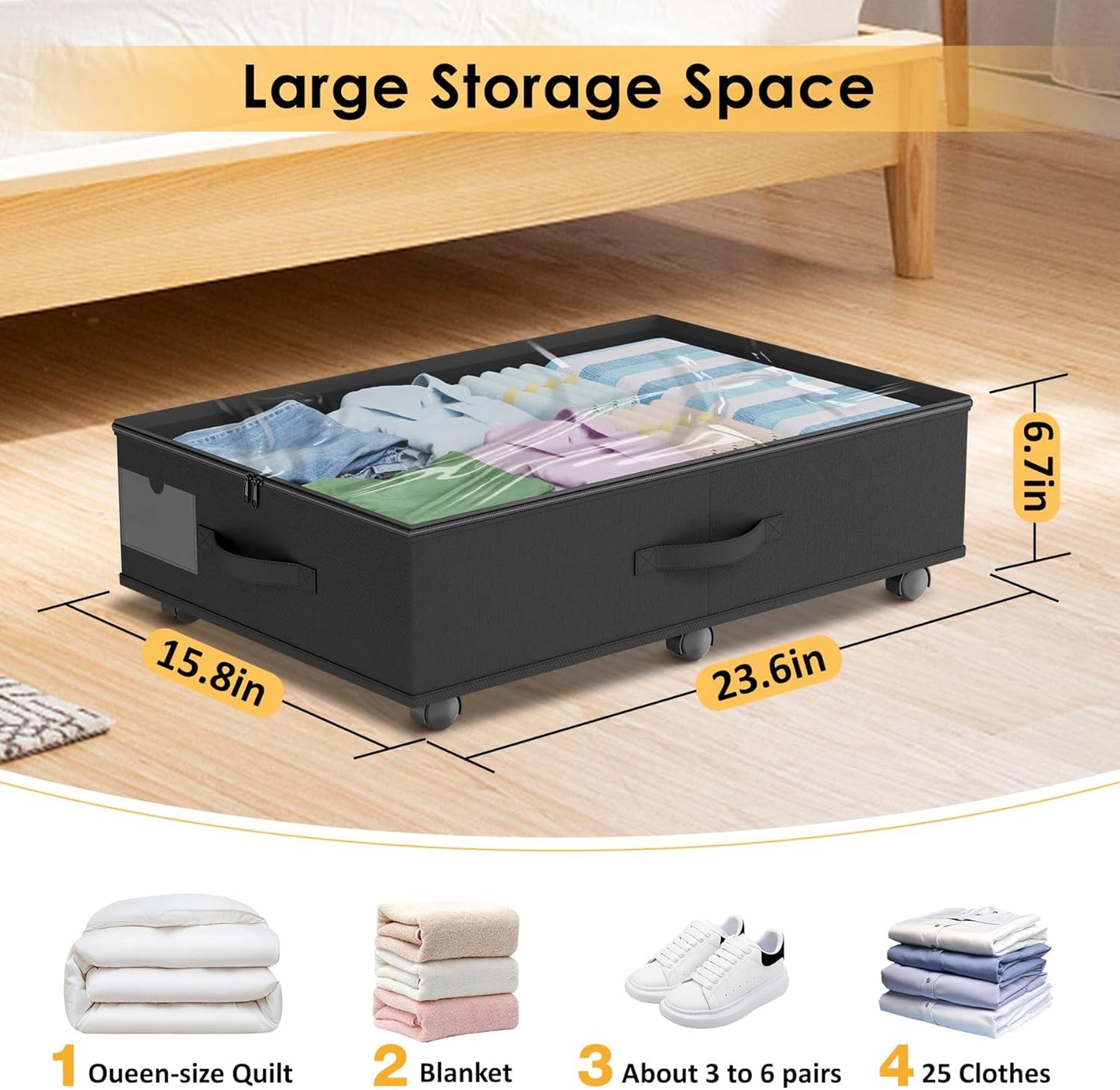 Under Bed Storage with Wheels, 2-Pack Under Bed Storage Containers with Clear Lid and Handles, Rolling Underbed Storage Drawers Organizer for Clothes,Shoes,Toys, Books (Black)