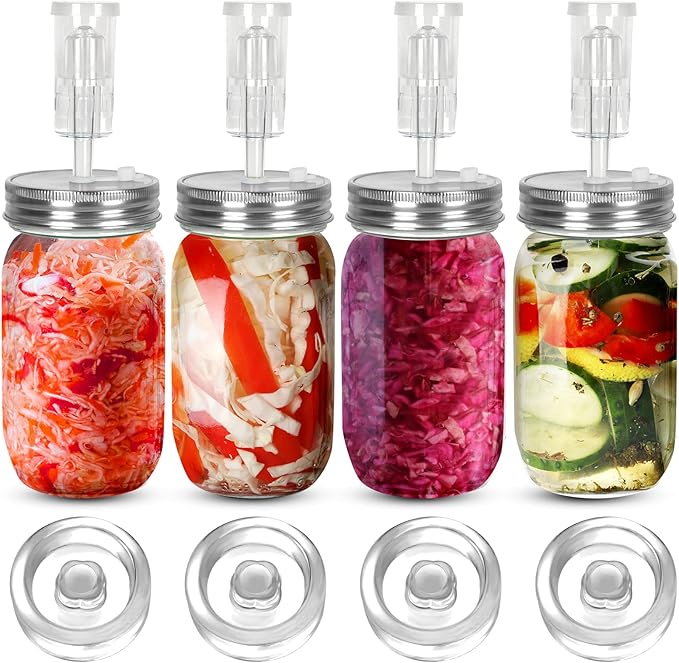 Samshow Fermentation Kit-4 Glass Fermentation Weights,4 Fermenting Lids,4 airlocks,4 Silicone Rings,5 Silicone Grommet for Wide Mouth Mason Jar for Sauerkraut,Vegetables and Other Fermented Food