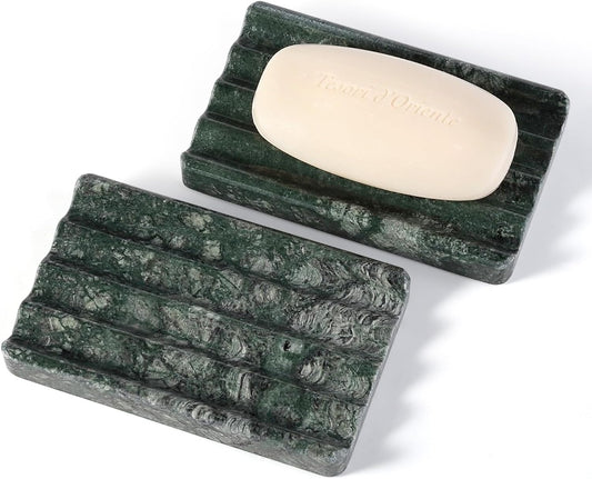2PCS Koville Indian Natural Green Marble Soap Dish for Shower, Stone Soap Tray for Bathroom, Marble Bar Soap Holder for Sink, Stripe Grooves Soap Saver Sponge Holder