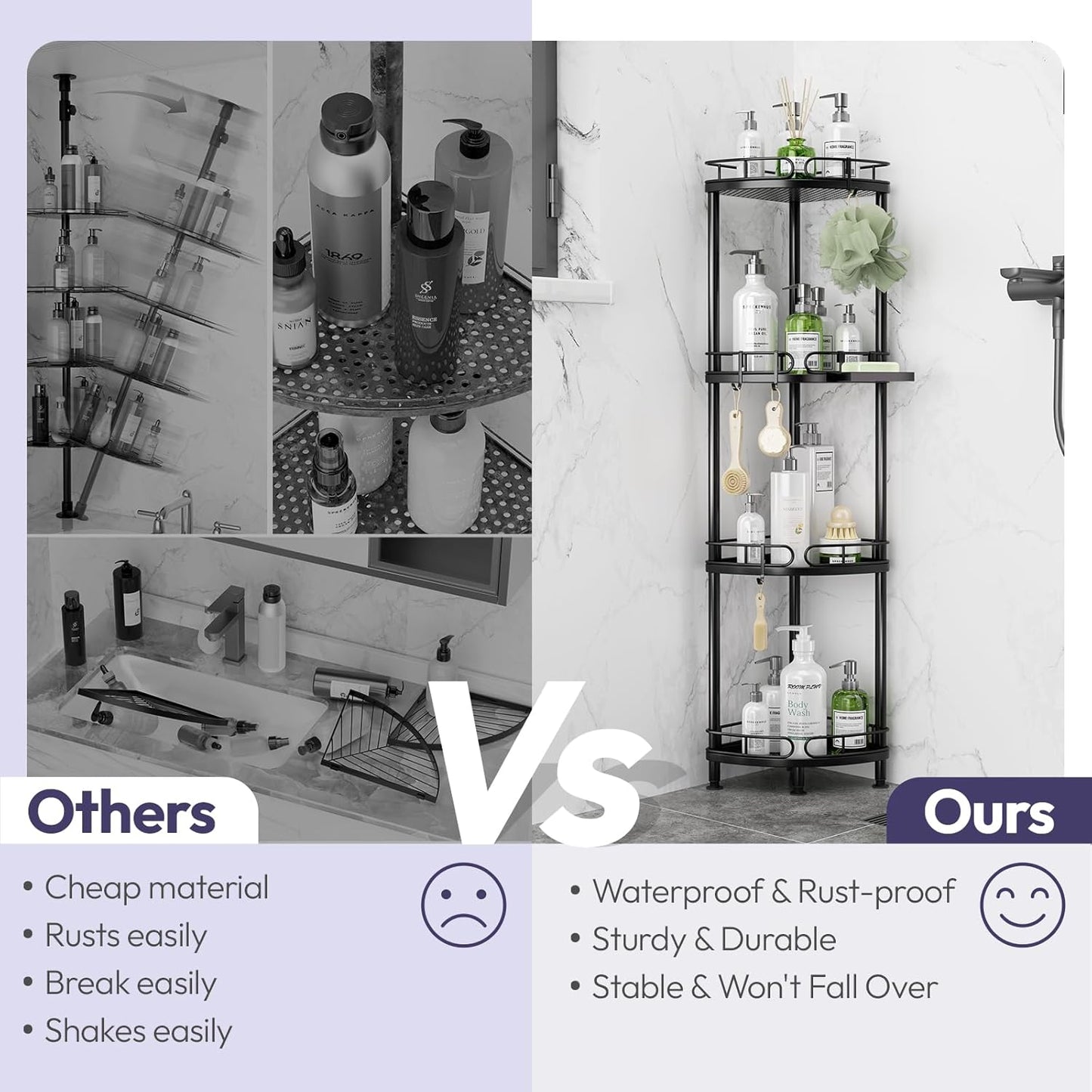 SWTYMIKI Corner Shower Caddy Standing - 4 Tier Stainless Steel Shower Organizer Stand with 4 Hooks & Soap Holder, Rustproof Metal Standing Tall Floor Shower Shelf and Bathroom Organizer, Black