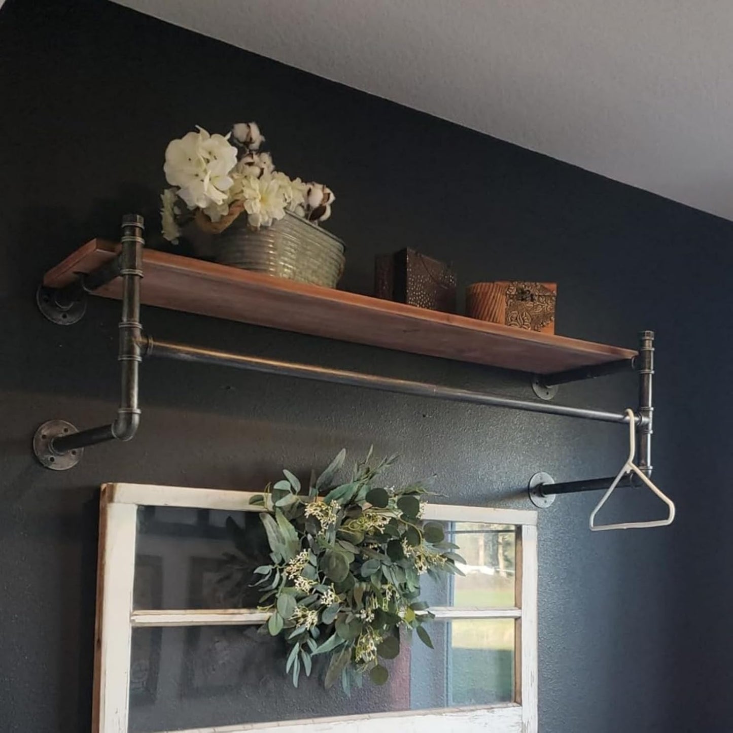 Industrial Pipe Clothing Rack Wall Mounted with Real Wood Shelf,Pipe Shelving Floating Shelves Wall Shelf,48in Retail Clothes Racks Display Rack