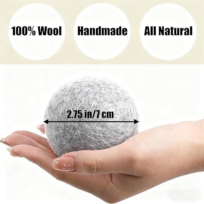 6 Pack Wool Dryer Balls Laundry Reusable Anti Static, Cotton Balls Wool Laundry Balls for Dryer Reduces Clothing Wrinkles Natural Fabric Softener Last 1000+ Loads (Grey, 2.75 in/7 cm)