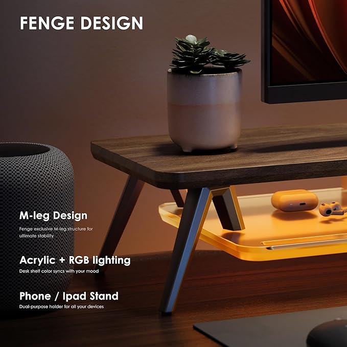 Fenge Dual Monitor Stand, 2 Tiers Acrylic Monitor Riser with LED Lights, 42.5 Inch Wood and Aluminum Desk Shelf with Phone and Tablet Holder