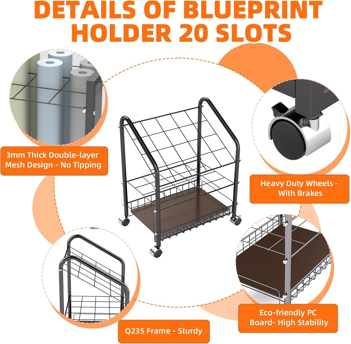 20 Slots Blueprint Holder, Double Layer Blueprint Storage with Sturdy PC Base Plate and 2 Brake Wheels for Office Organization, Storage Rack Rolling Cart, Construction Paper Organizer
