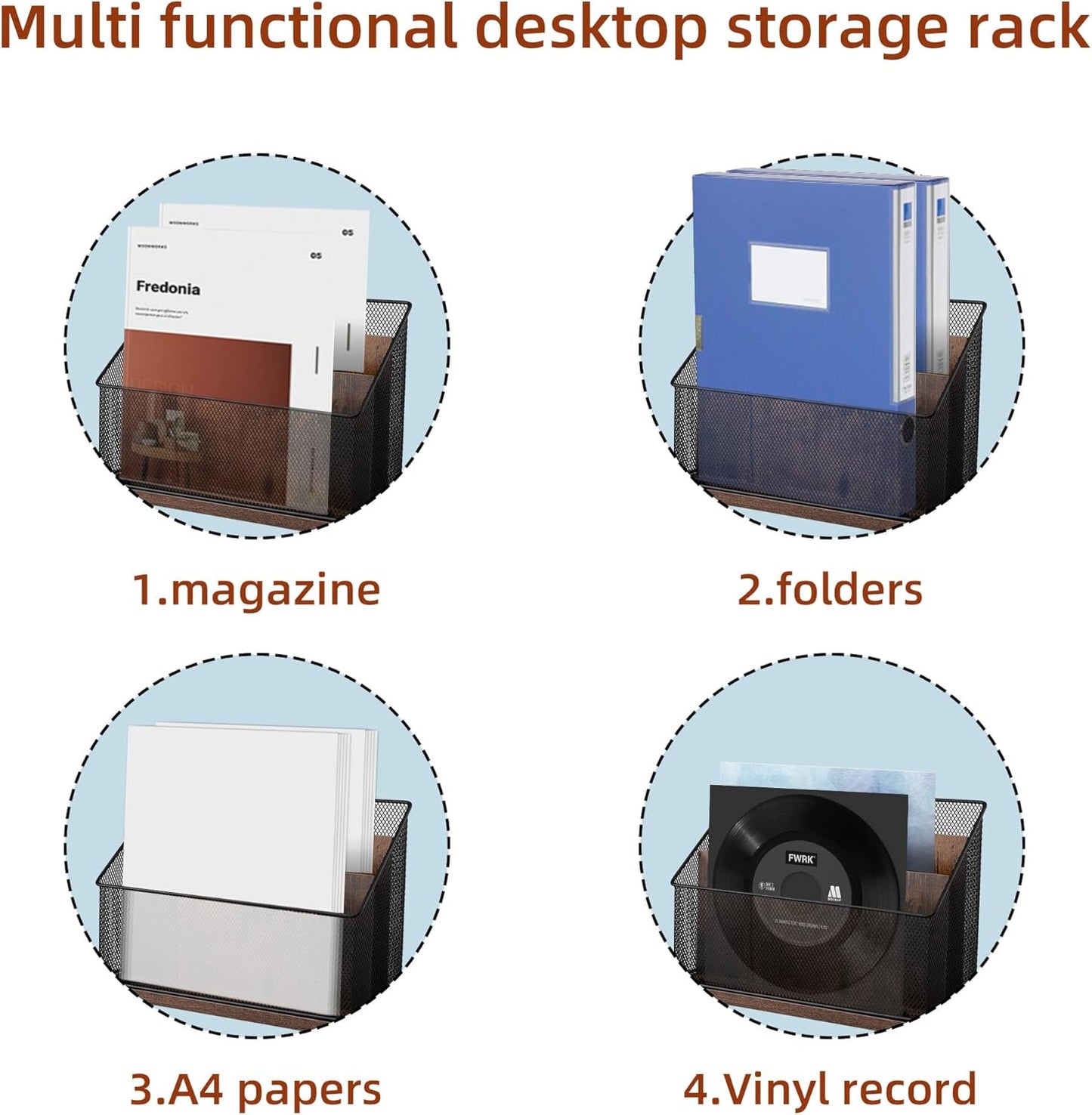 3-Tier Vertical File Storage with Retro Wooden Desk Mail Organizer and Metal Mesh Desktop Organizer for Home Office