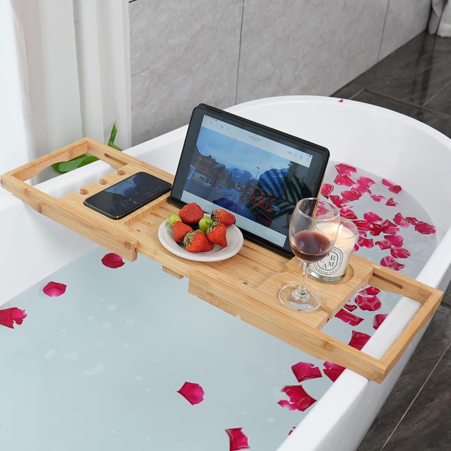 Utoplike Bamboo Bathtub Caddy Tray Bath Tray for Tub, Adjustable Bathroom Bathtub Organizer with Book Tablet Wine Glass Cup Towel Holder (24.5"-37.4")