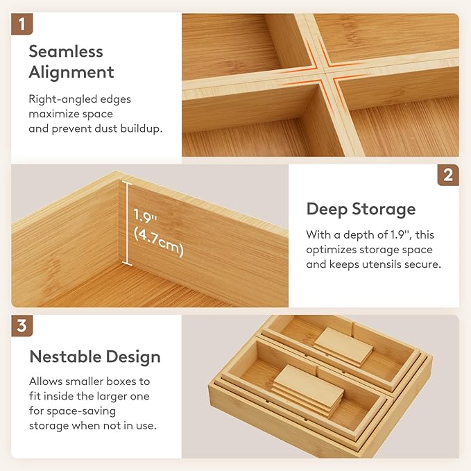 Lifewit Drawer Organizer 15 Pack(33 Grid) with 18 Inserts, Wooden Adjustable Desk Drawer Divider Trays, Storage Bins for Makeup, Kitchen Utensils, Vanity Accessories in Office/Bathroom/Bedroom