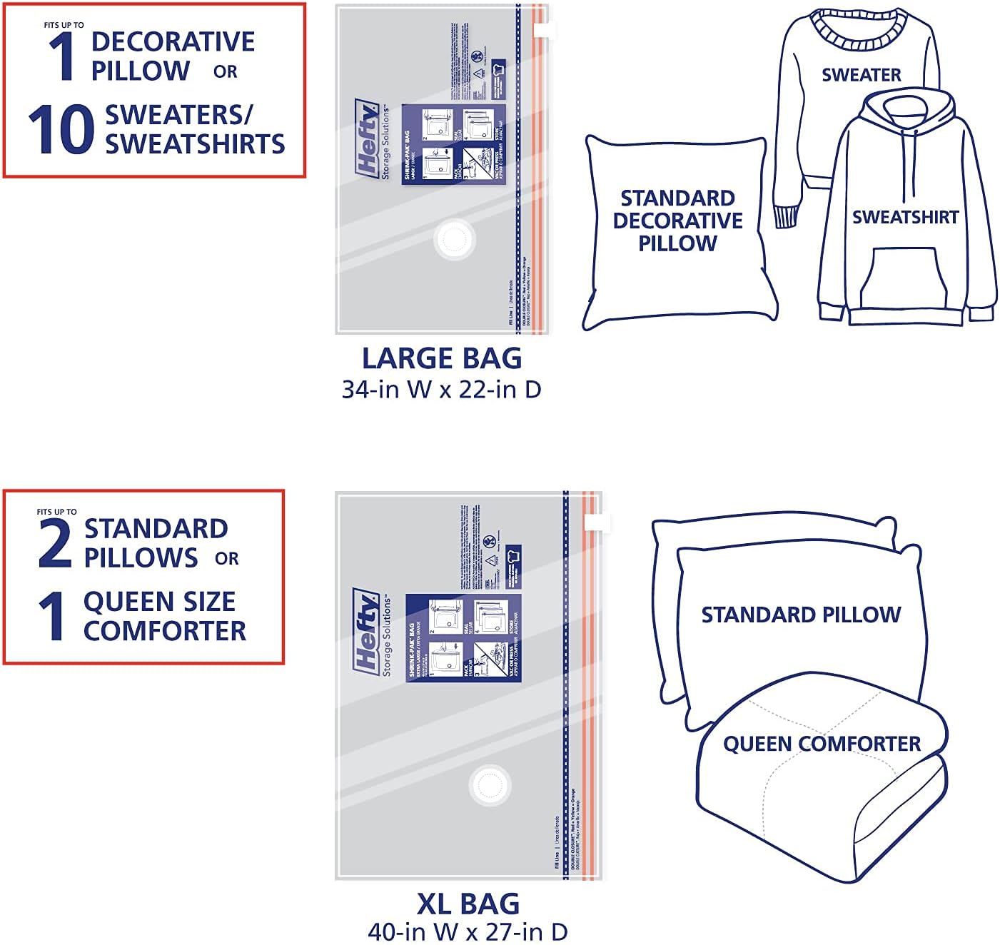 Hefty Shrink-Pak Vacuum Storage Bags - Space Saver for Under Bed Storage, Clothing and Comforters, Odor Resistant, 3X More Storage Space - 3 Large, 3 XL Bags