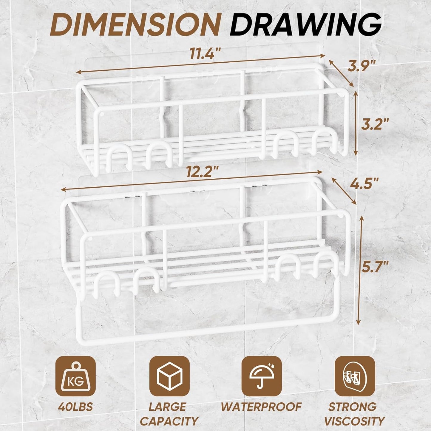Adhesive Shower Caddy, Shower Shelves with Rustproof Coated, Wall Mounted Bathroom Organizer, Sleek Bathroom Organizers and Storage, No-Drilling (White, 2 Pack)